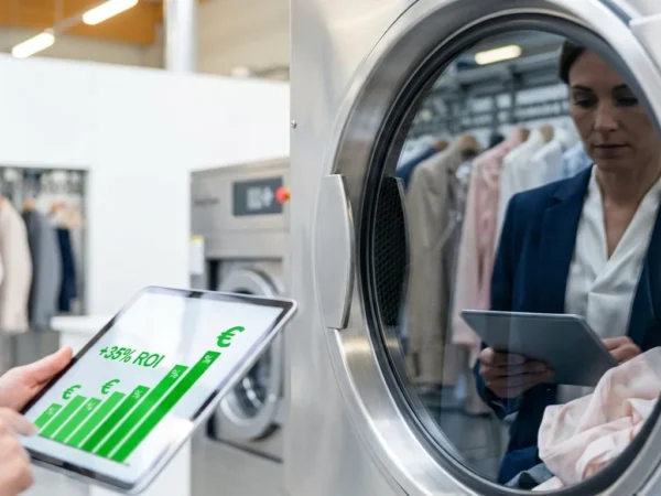 Frau vor Waschtrommel schaut auf Ipad ROI