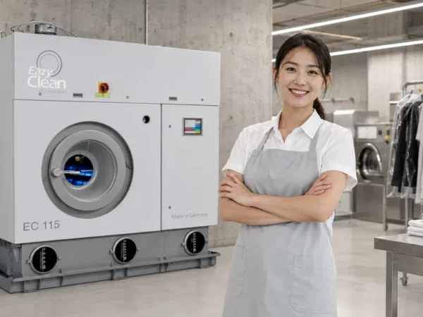 Woman standing in front of EazyClean dry cleaning machine
